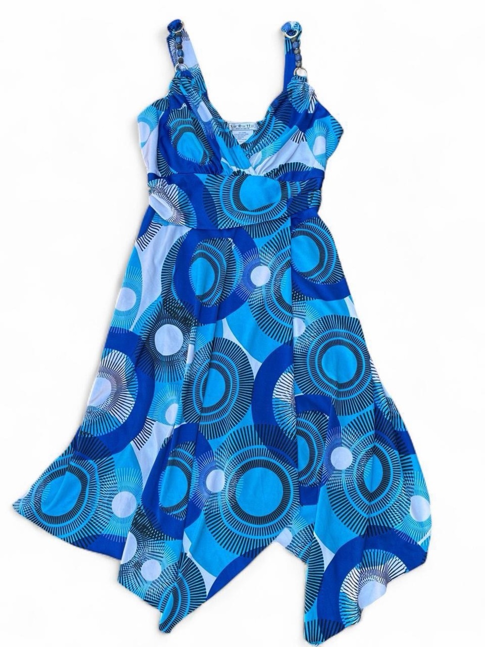 La Belle Blue Multi-Tone Circular Print Handkerchief Hem Dress